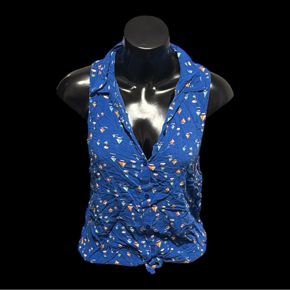 Button Down Racer Back Shirt | Hollister | Blue with Sailboats | Size M